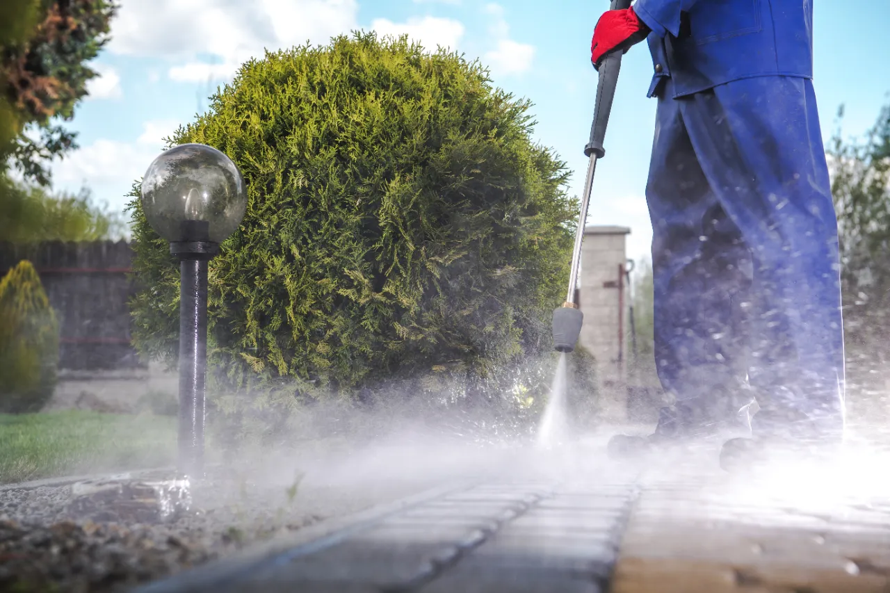 Power washing stone path in New York